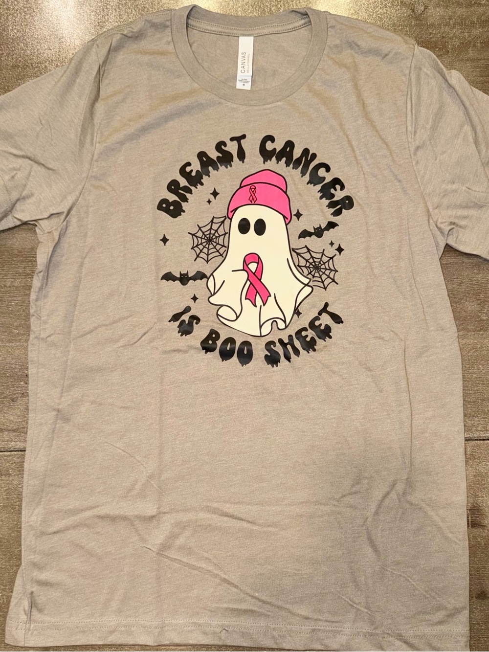 Breast Cancer Boo Sheet Graphic T-Shirt - Light Gray, Pink Ribbon